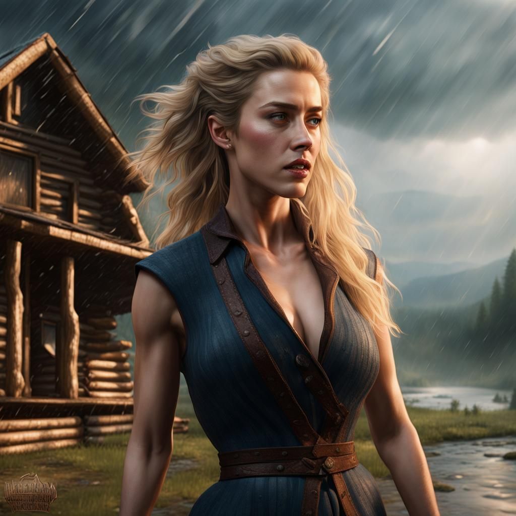 Amber Heard in a log cabin in Kentucky in the rain with moun...