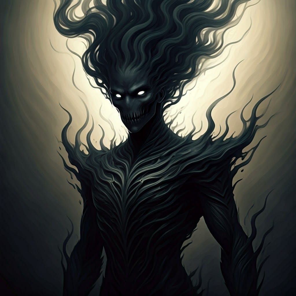 A dark, ominous figure with a shadowy, ethereal body and flo...