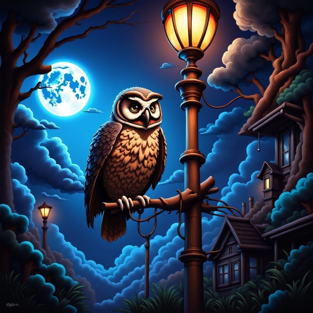 <lora:incredible color:1.0> Owl perching on a street light and the moon lit bright with trippy features. 