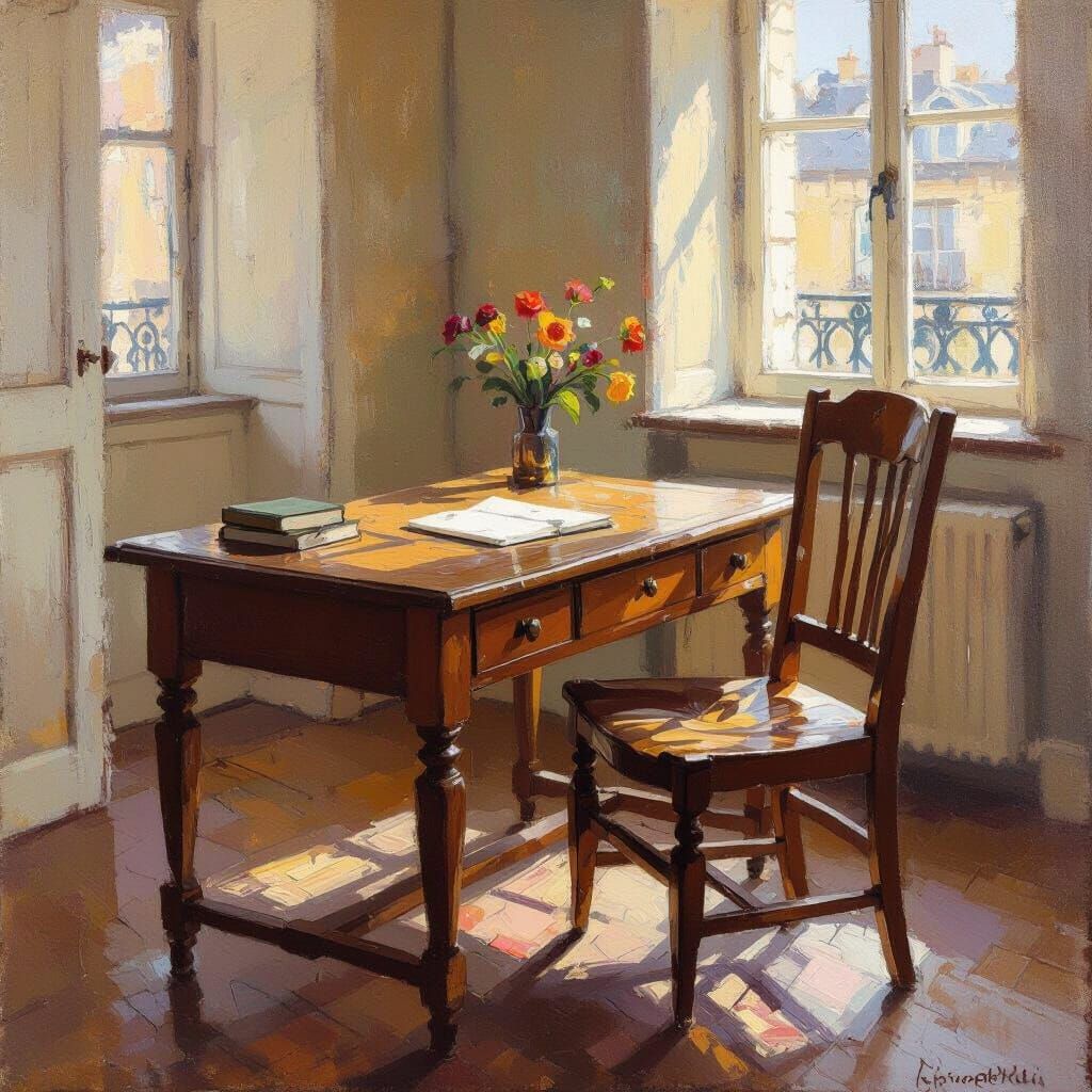 Painterly Desk and Chair Scene in Impressionist Style