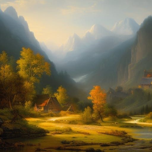 A hyperdetailed painting of a mountain village ravaged by flooding ...