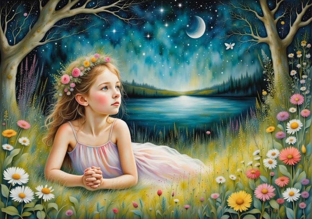 a cute girl lies looking up on a flowering meadow and looks at the overwhelming starry sky <lora:a gentle world flux:1.0> , by Gustav Klimt,...