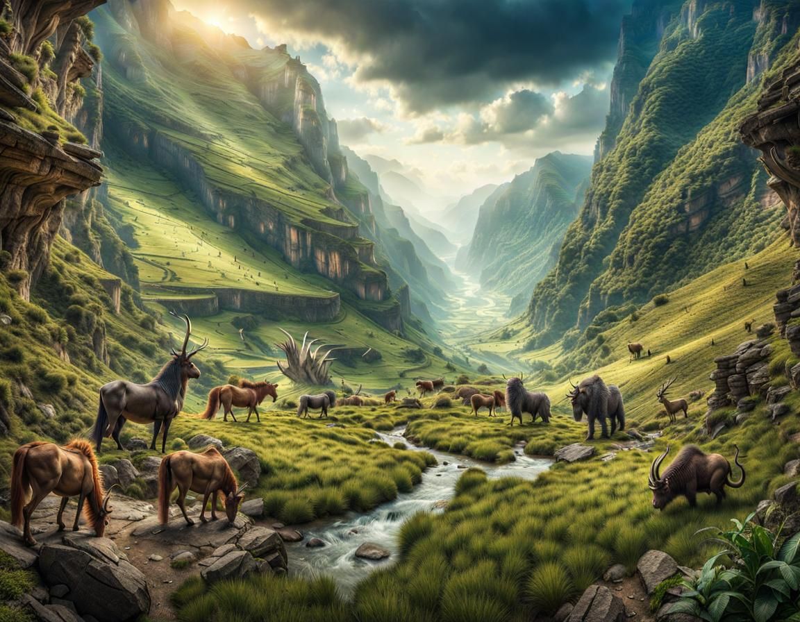 lost valley landscape with mythical creatures AI Generated Artwork