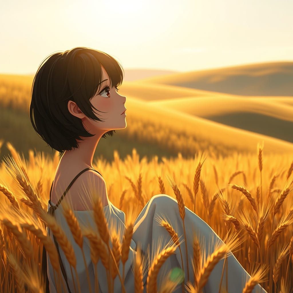 Serene Anime Woman in Sun-Drenched Wheat Field