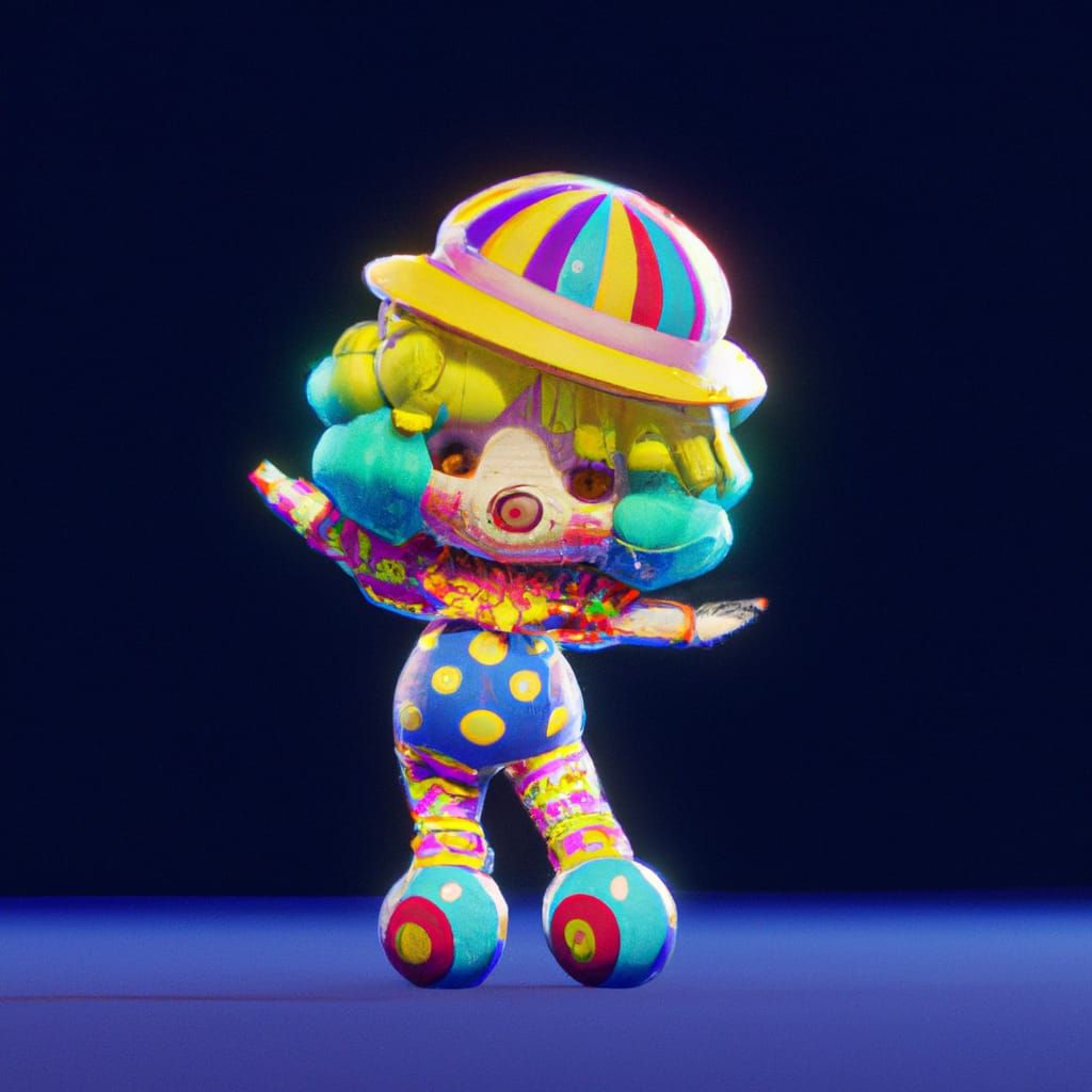 3D render of a cute chibi circus anime clown on a dark blue background