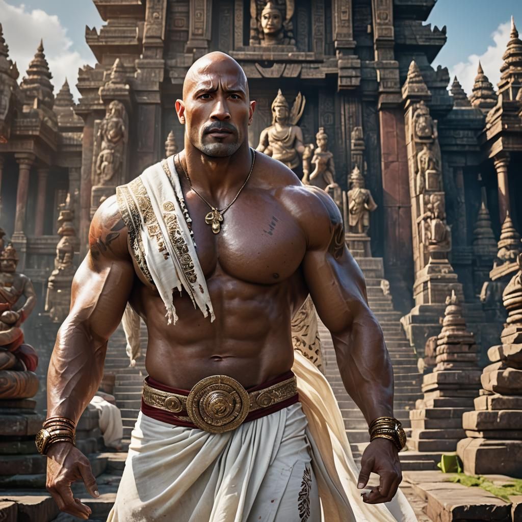 8k new fashion Dwayne Johnson with silk white sarong bare bo...