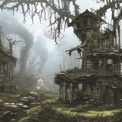 abandoned ruined village, dilapidated village in the forest,...