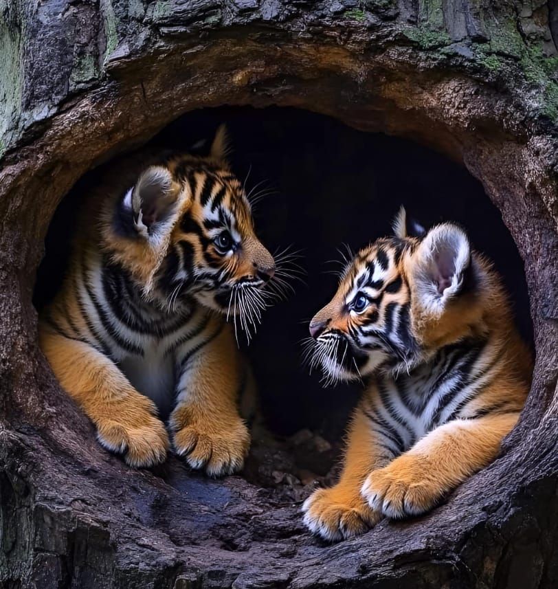 kittens hiding in a dead tree trunk