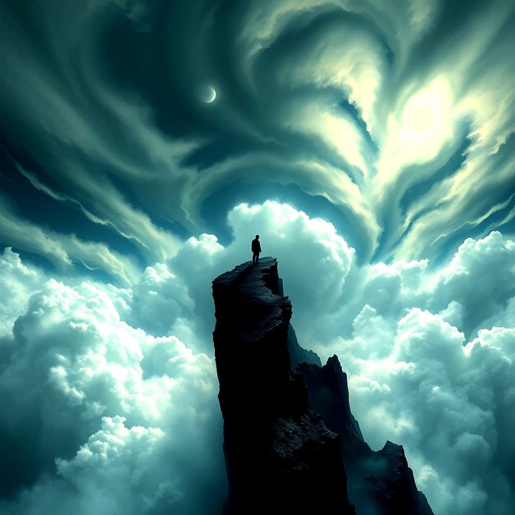 A lone figure stands on the edge of a dizzyingly high cliff, gazing down at a swirling vortex of clouds and mist below. The cliff face is ja...