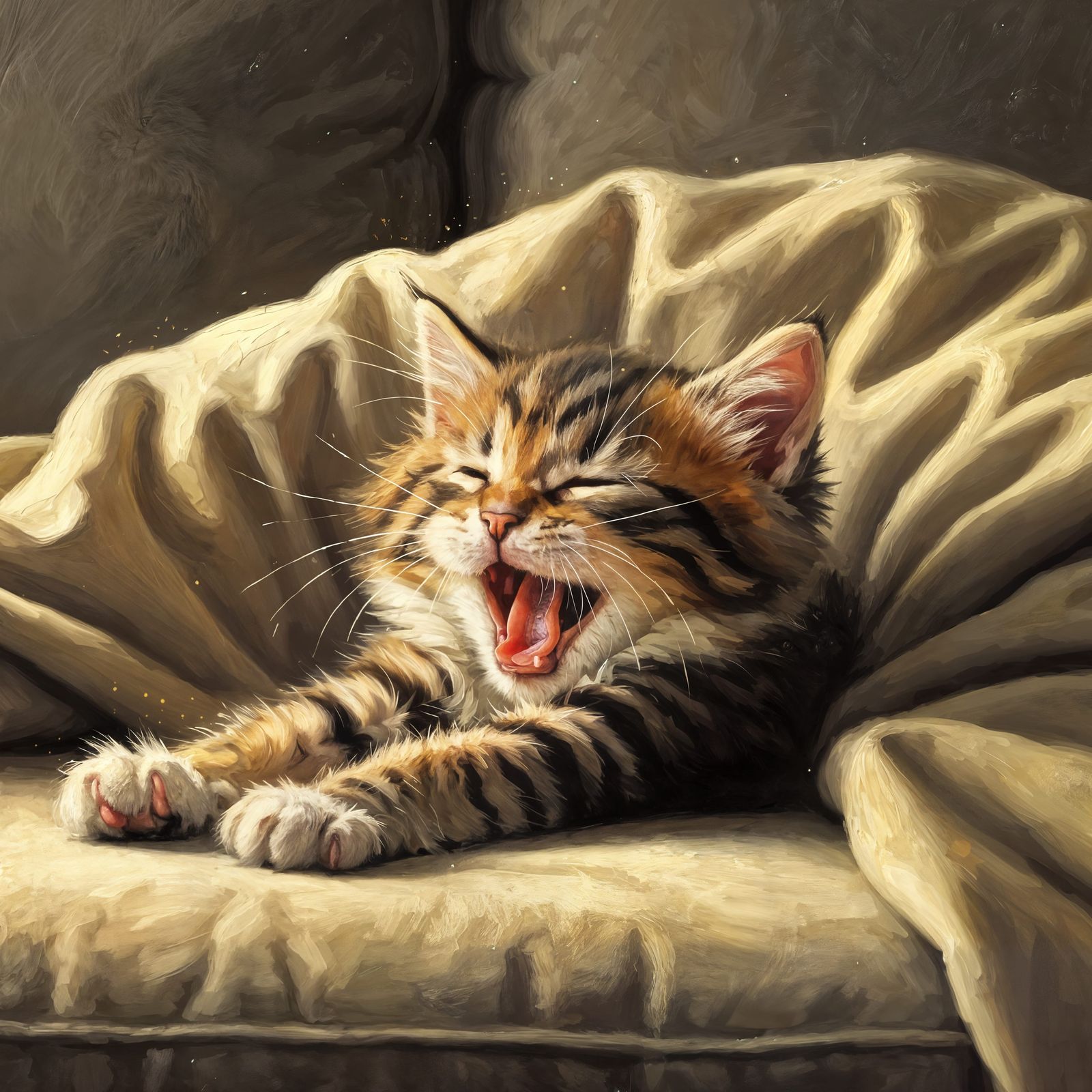 Kitten, happily yawning while stretching after a nap  by @AntonioF