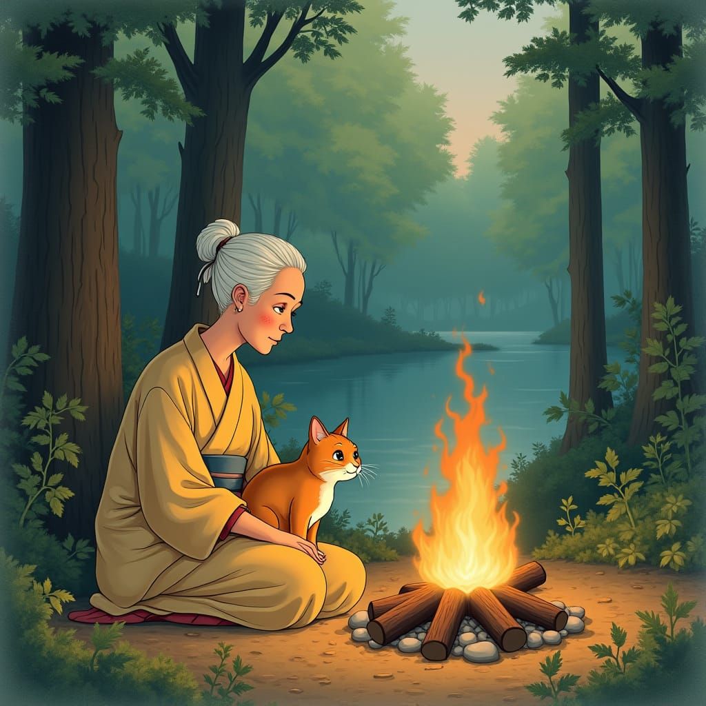 Grandmother and Cat by Forest Campfire