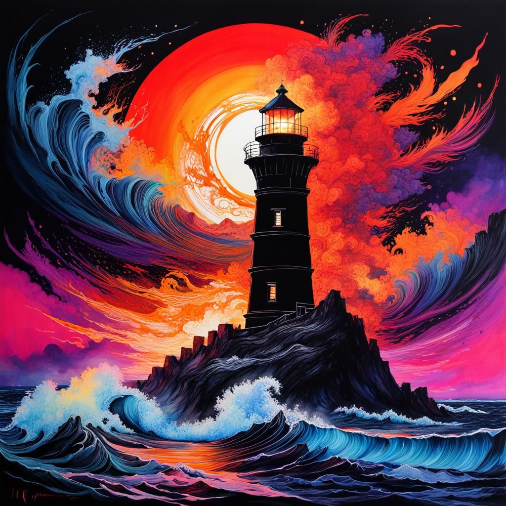 Detailed complex chaotic seascape black light lighthouse, Ho...