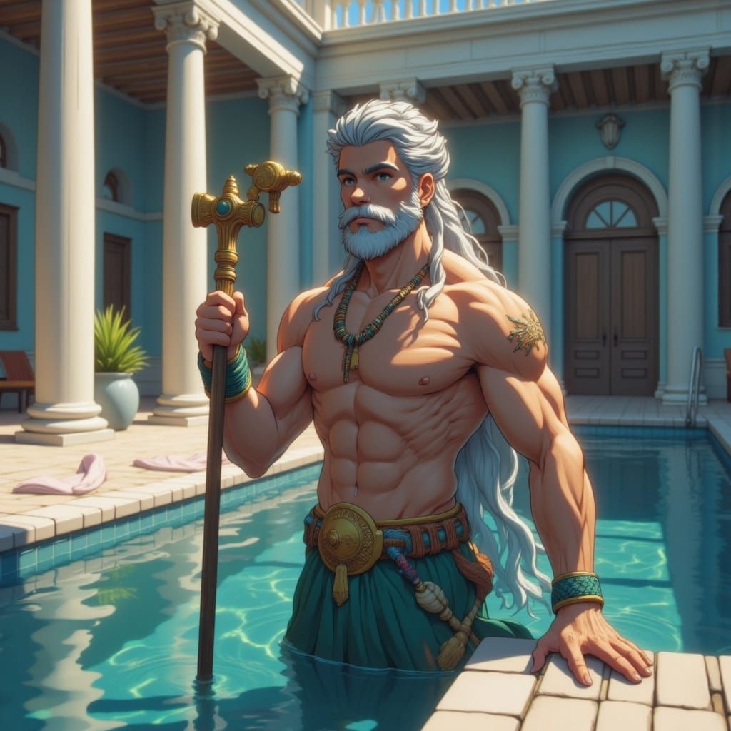 God Poseidon working as a pool boy, stylised, concept art <lora:Earth and anime:1.0> 