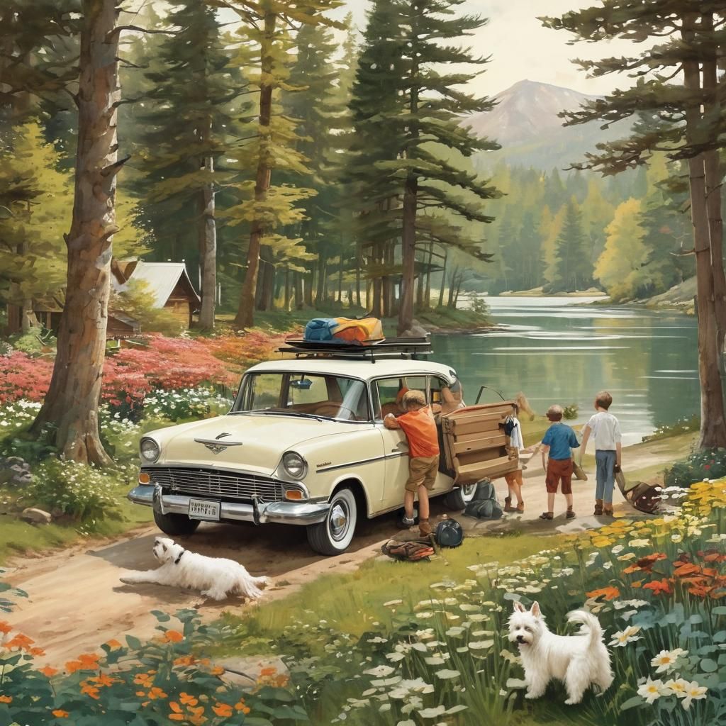 a family loading their car with camping gear, ready for an o...