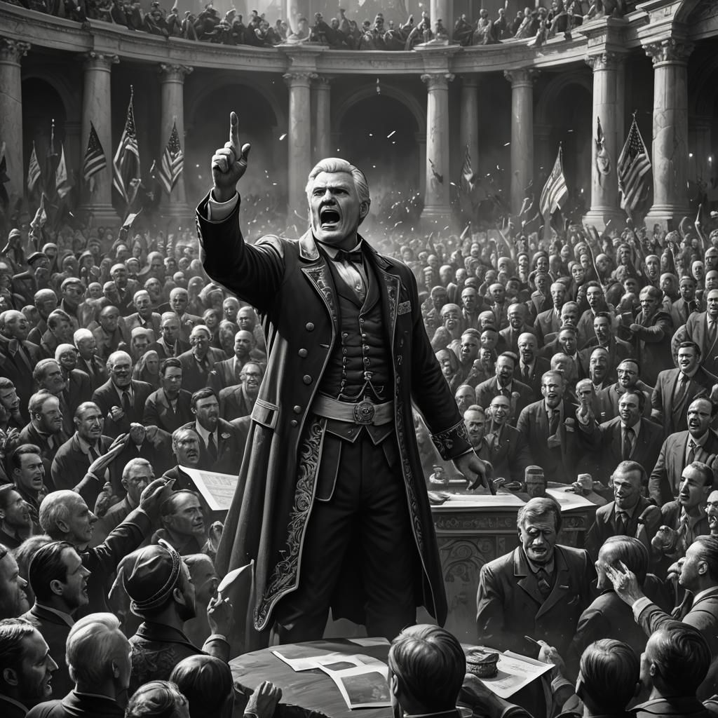 an energetic political leader gives a speech to his loyal fo...