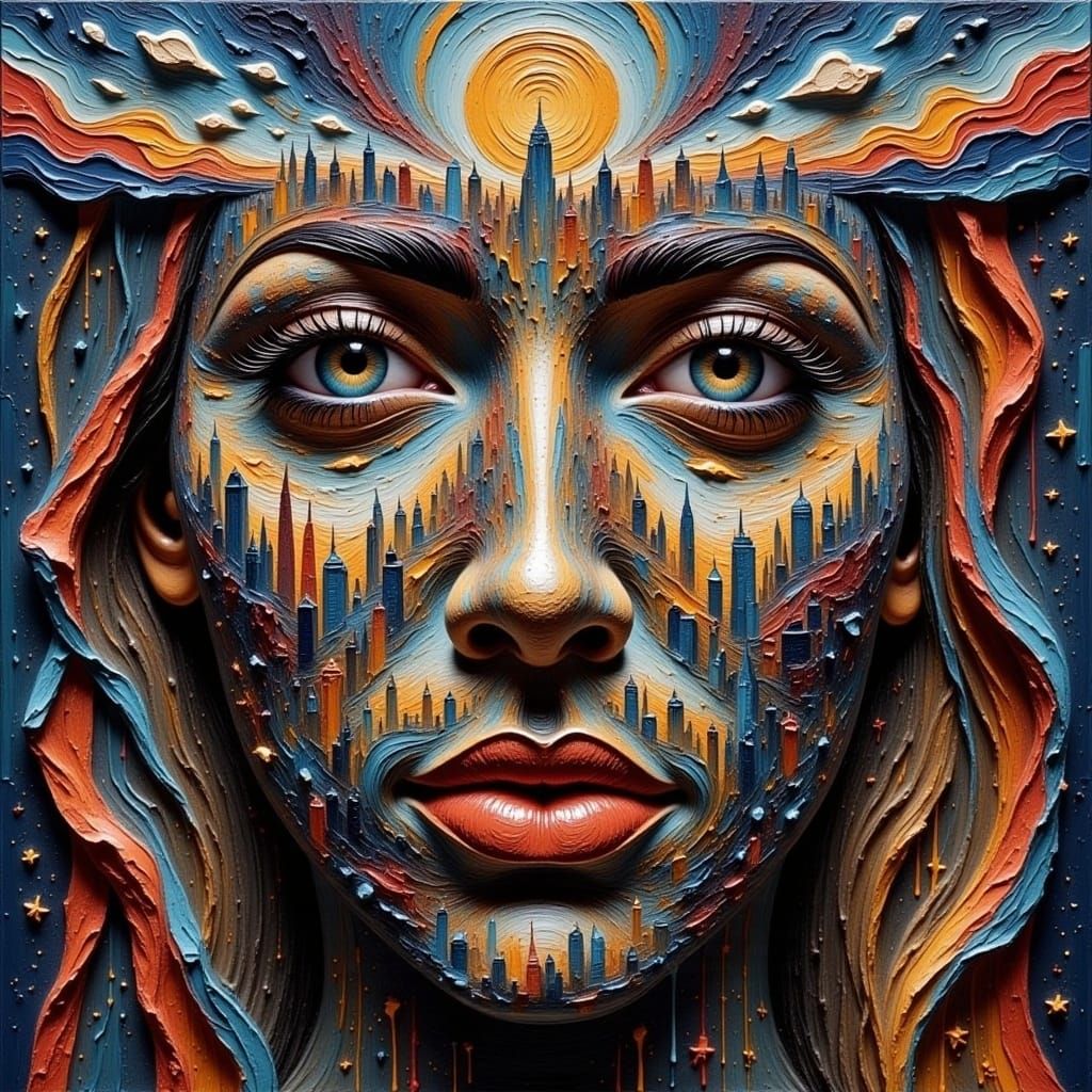 <lora:TexturedFlux:1.0>  kingdoms of sci-fi face kingdom of heaven multiple layer thick textured impasto surrealism with a person whose face...