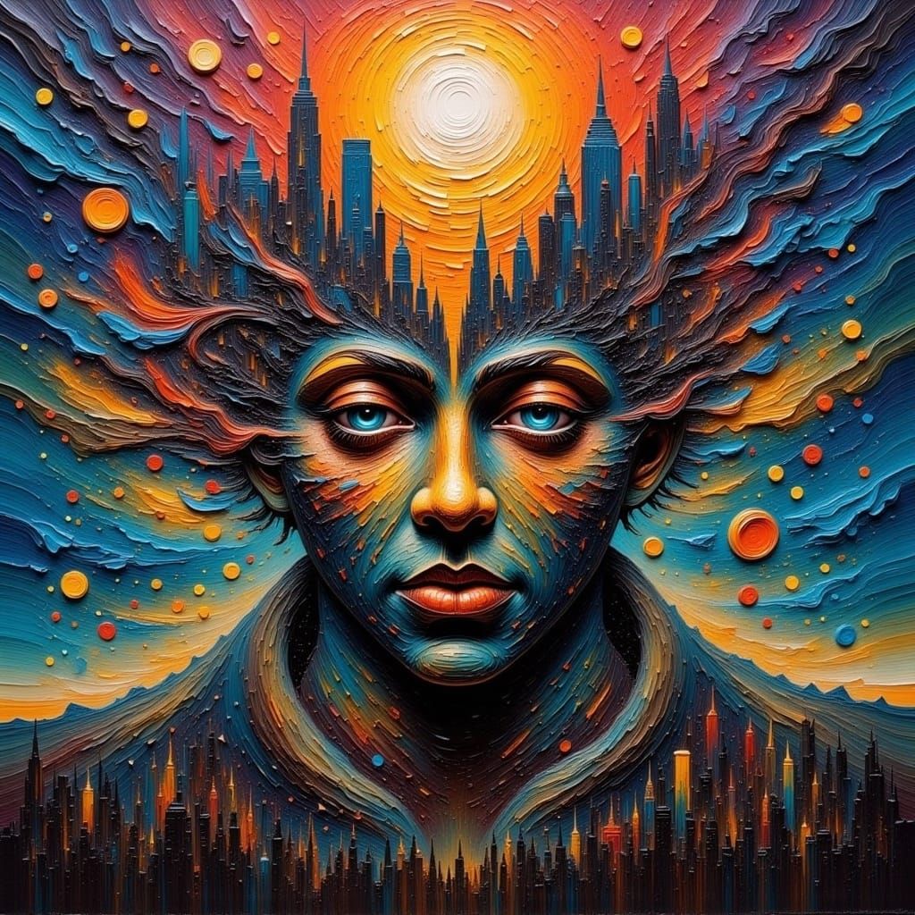 <lora:TexturedFlux:1.0>  kingdoms of sci-fi face kingdom of heaven multiple layer thick textured impasto surrealism with a person whose face...