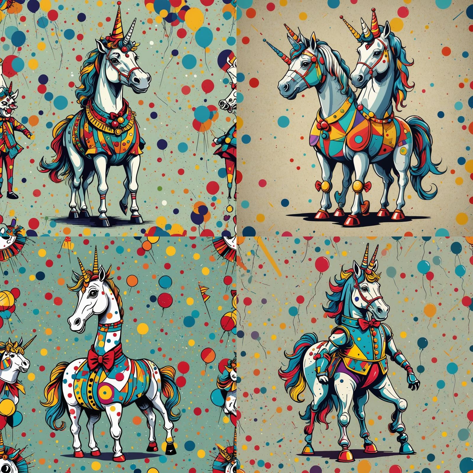 Cartoon unicorn with 4 legs dressed as a clown in a circus, ...