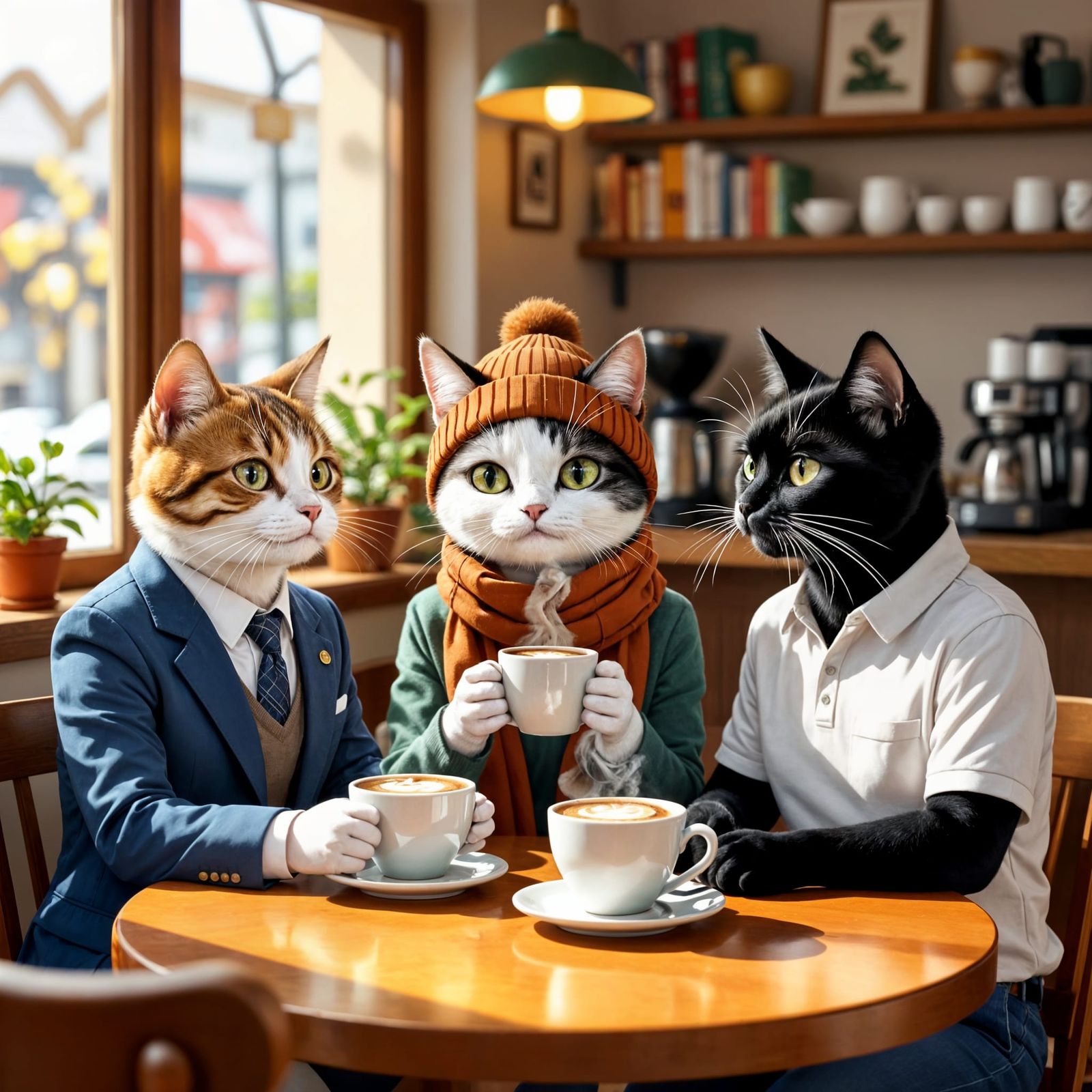 Millennial cats sitting in a cozy urban coffee shop  by @AntonioF