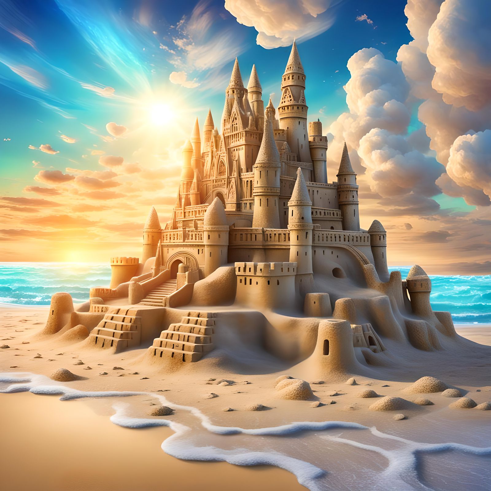 A large sandcastle on a beach, calm sea, sun shining bright, fluffy clouds. High resolution.   by @Irene
