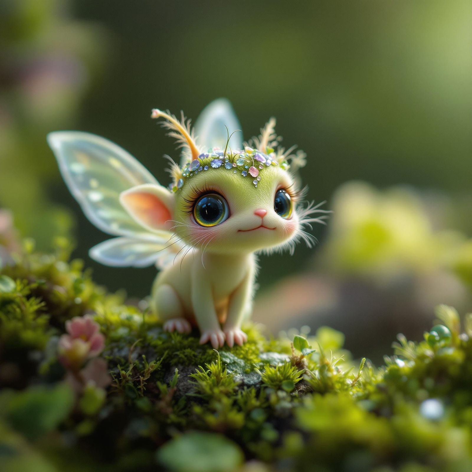 A whimsical close-up of a tiny, magical creature—like a forest sprite or a miniature fairy—perched on ...  by @Fausto Santos