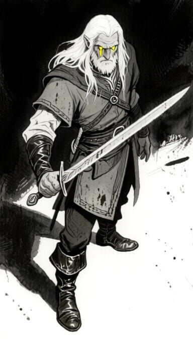 An OSR-style black and white watercolor illustration of an old fantasy adventurer. He handles a thin sword, he wears leather boots. He has w...