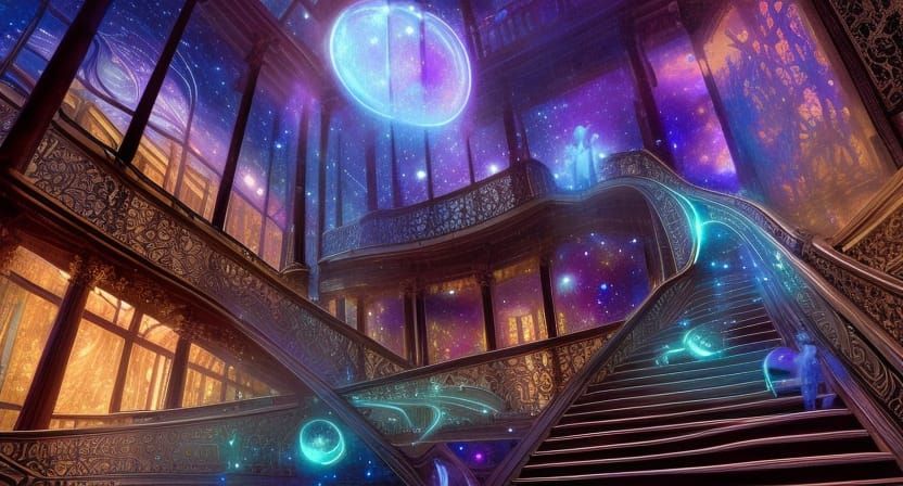 Glowing bioluminescent Galaxy Stairs in multidimensional way in a huge atrium hall
Magical, Intricate, ... false