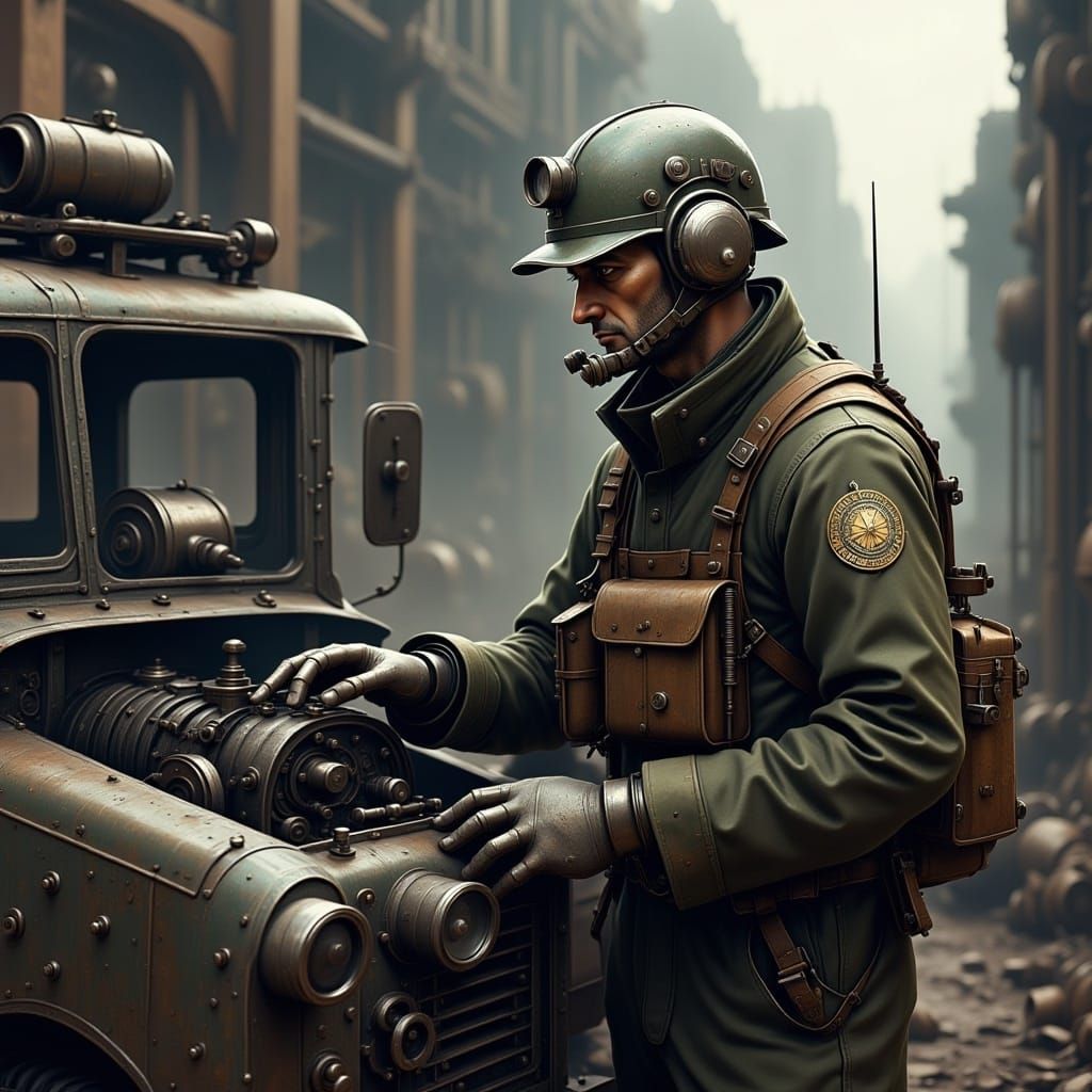  <lora:Dieselpunk Flux:1.0> A mechanic working on a damaged military vehicle 