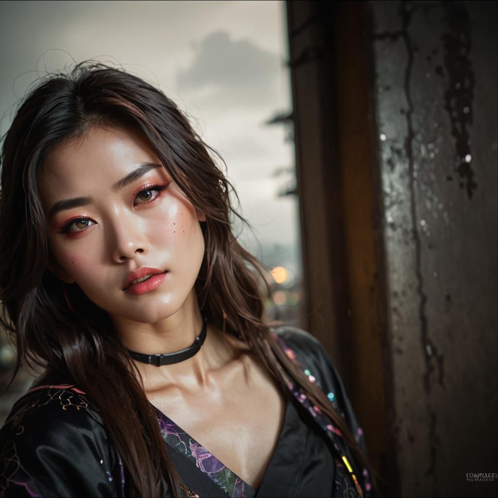 Cyberpunk Kimono in Post-Apocalyptic Metropolis