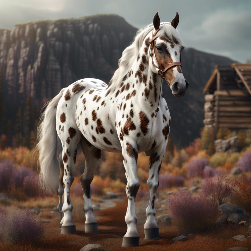 Appaloosa horse, white, small brown spots all over, hyperrealistic, Pixar style