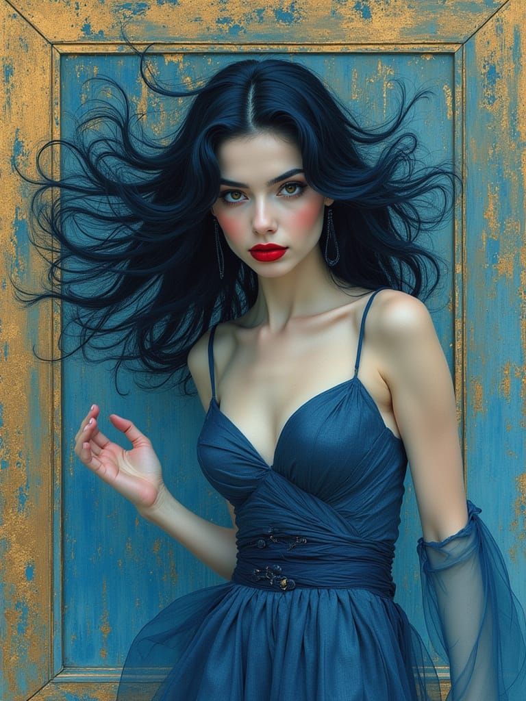 <lora:Retro Chic Reverie:0.5>  watercolor illustration,alcohol inks, shades of blue and gold only, Luis Gabriel Pacheco, Jean-Baptiste Monge...