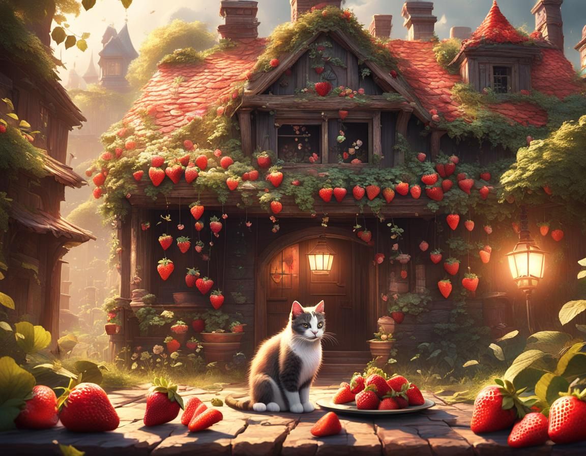 a cat eats strawberries