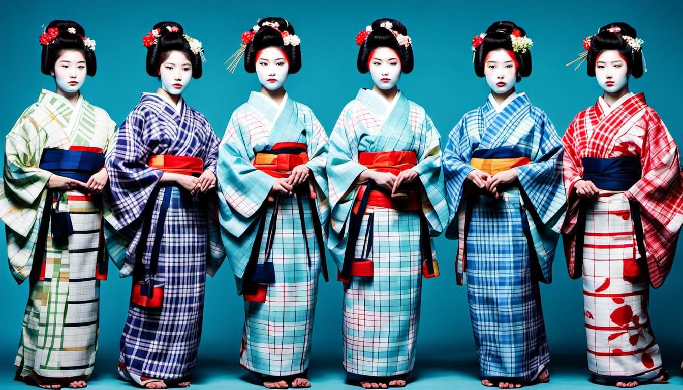 geisha each wearing a different color plaid kimono - AI Generated ...