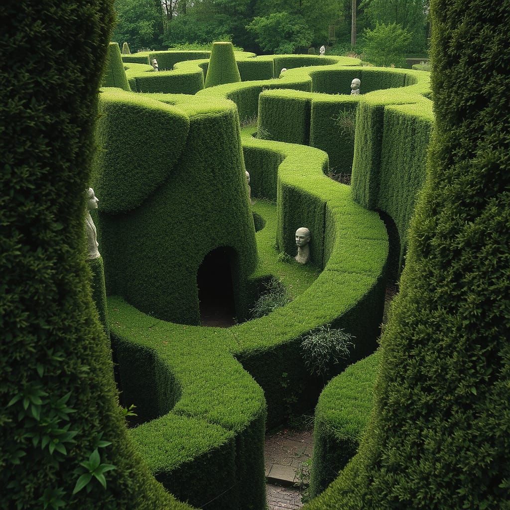 A twisted maze of hedges with hidden statues.  by @ericB