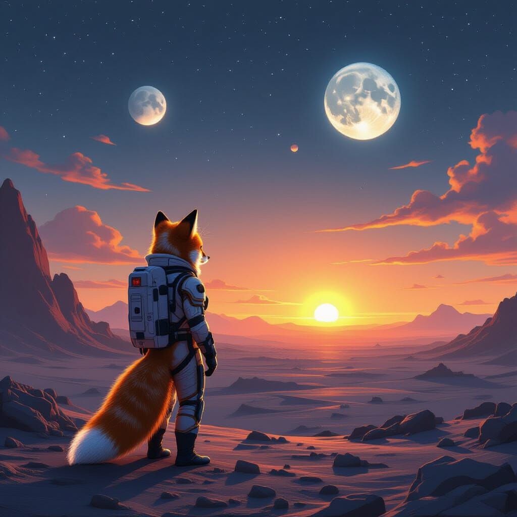 Wide shot. An astronaut fox stands on a desolate alien planet, gazing at a binary sunset. Two moons hang low in the sky. Intricate details, ...