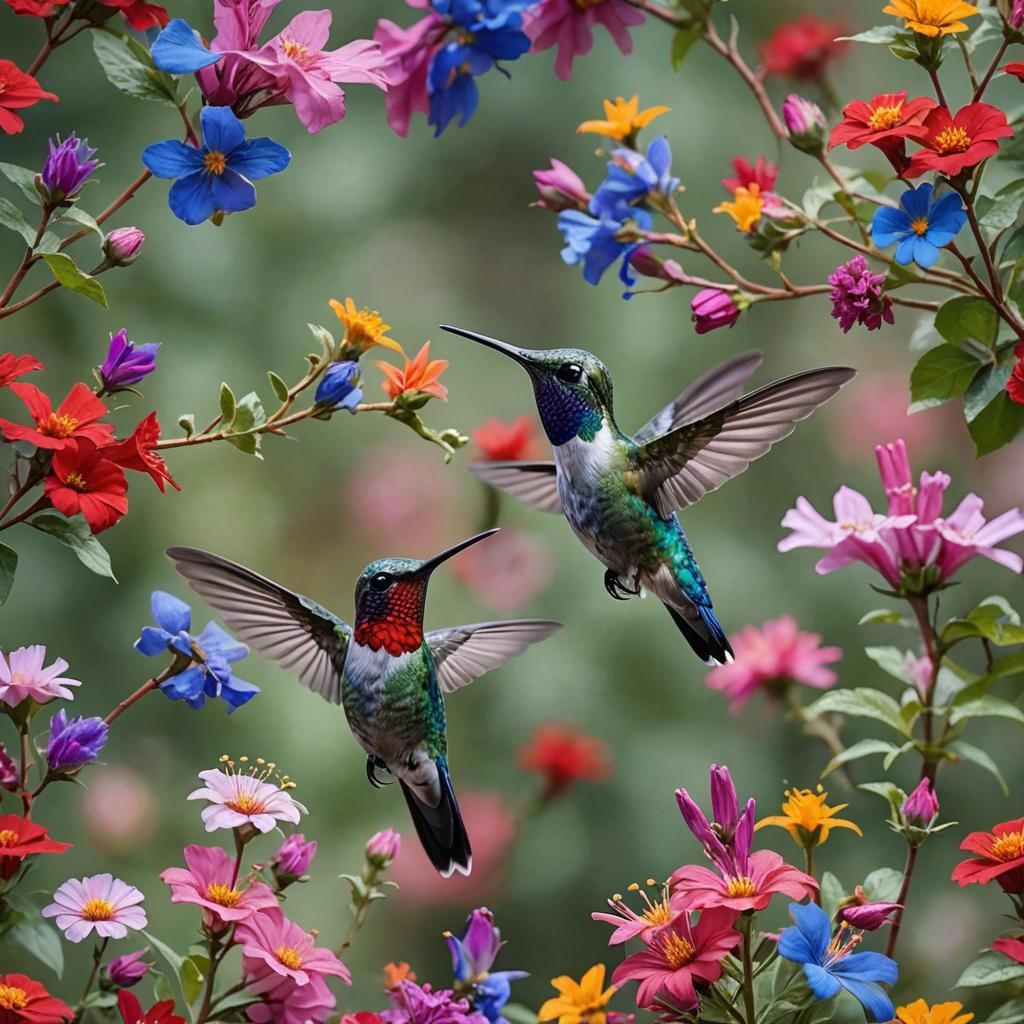 Red and blue Hummingbird drinking nectar surrounded by colorful flowers  by @undefined