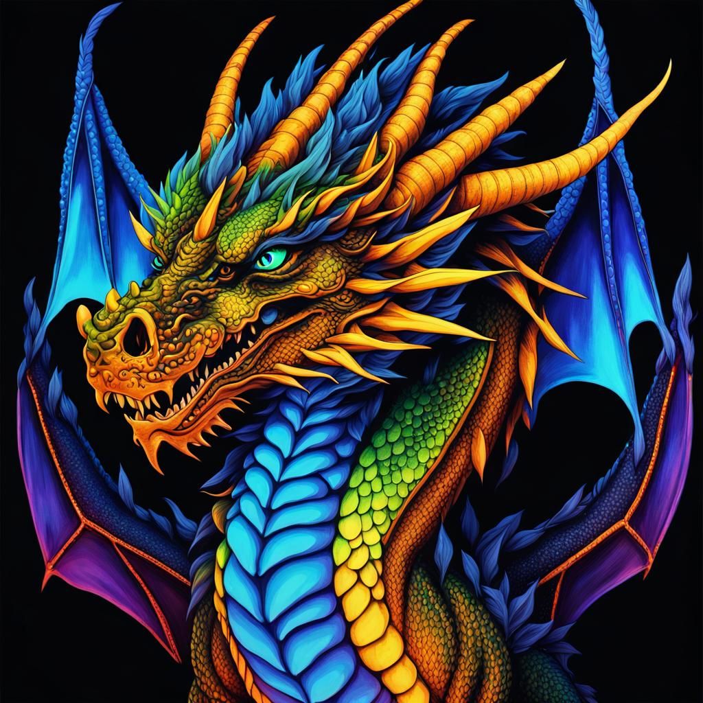 Black Light Poster Of A Luminescent Dragon With Blue, Yellow And Green 