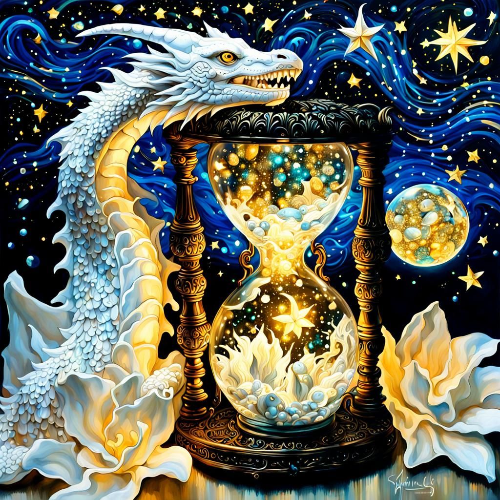 intricately detailed juxtaposition art of an hour glass,  inside of which the exquisite white dragon ...  by @evrythingisenergy