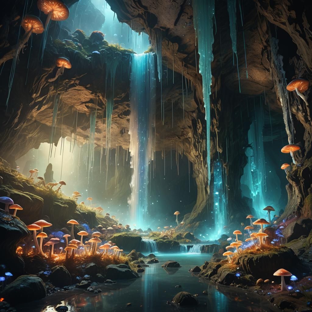 Magical, opalised waterfall in an underground cave system filled with shimmering crystals and bioluminescent ...  by @Dorian