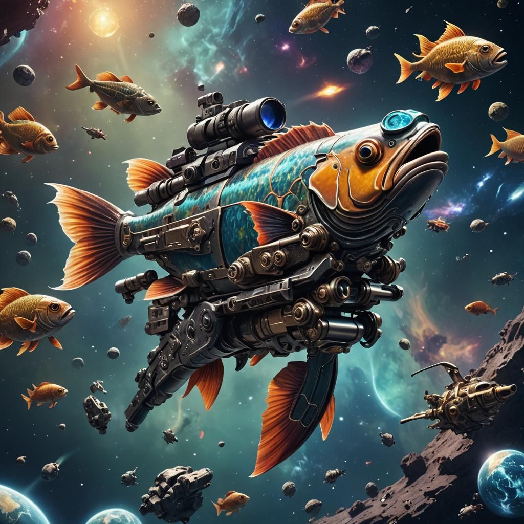 Fish with gun in space