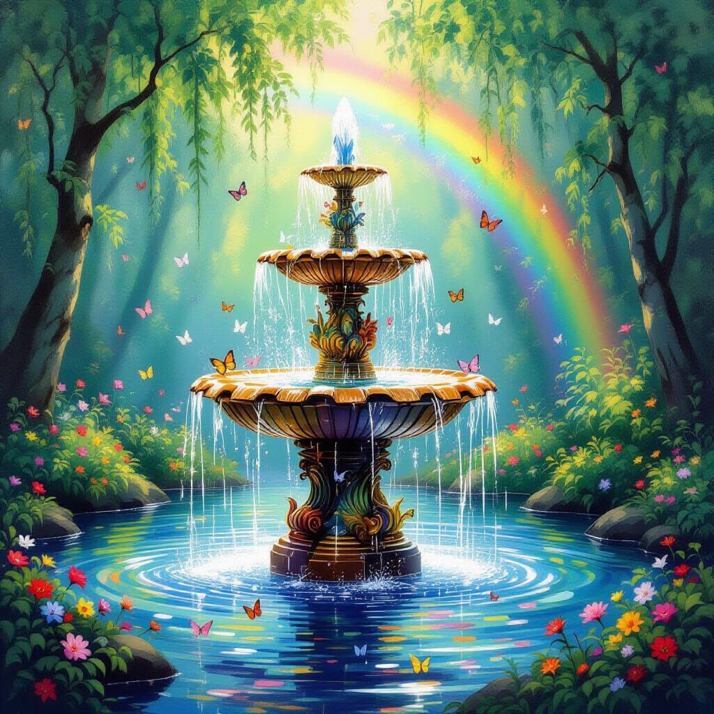 Surreal fountain in a magical forest, spilling light, rainbows, butterflies.  The scene is surreal and ...  by @Tilted25
