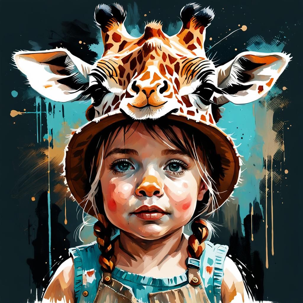 Adorable Toddler in Giraffe Hat Oil Painting