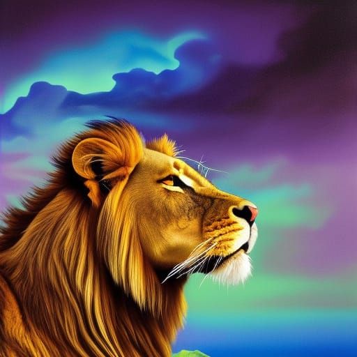 A beautiful Glitch art image of a majestic lion, standing on...