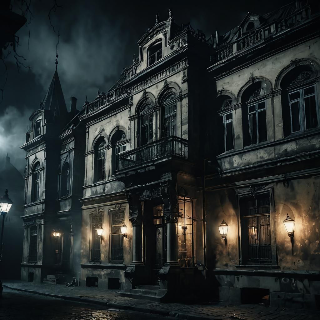 Surrealist cityscape, medium shot. Haunted house on Andrássy street in Budapest, ghosts waving from the ...  by @Margay Vanihla