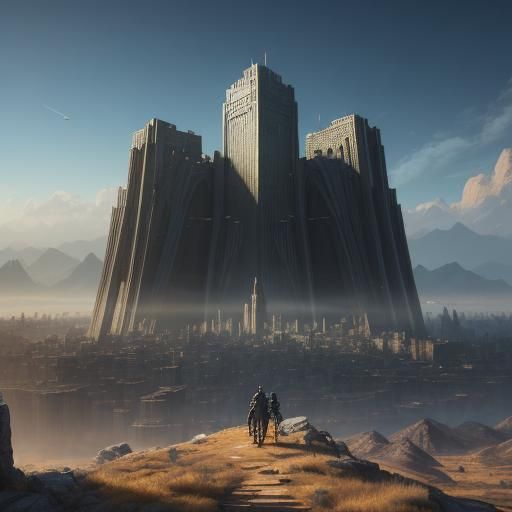 Epic Fantasy Cityscape with Figure on Mountain