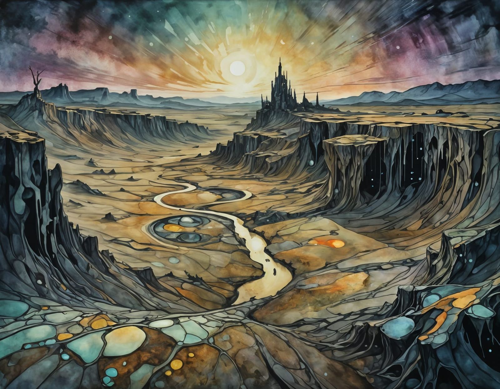 Ethereal Futuristic Landscape in Gouache Watercolours