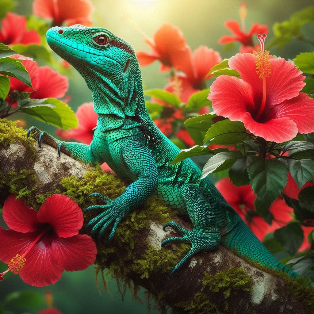 Emerald Tree Monitor with hibascus