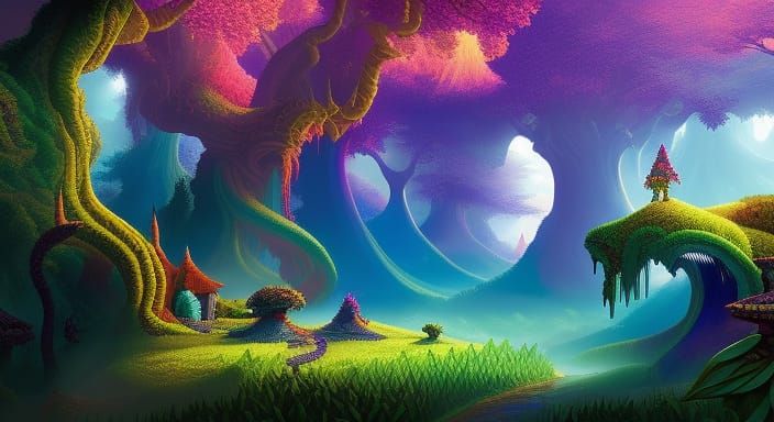 Pixelated Beautiful magical forgotten fairy forest covered i...