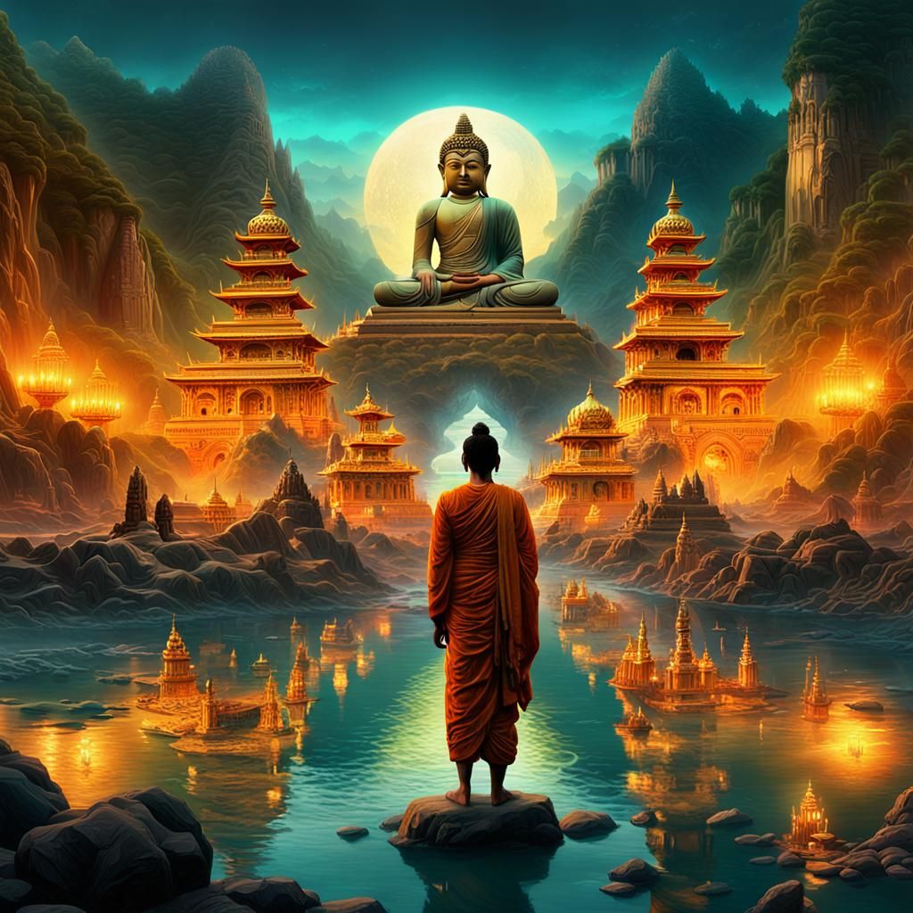 Buddha and Subhuti on Ganges River, Digital Matte Painting
