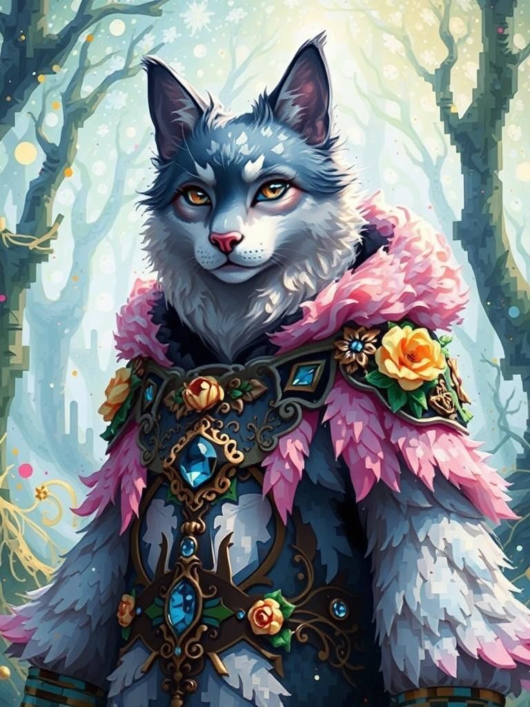 Glitch Art, Klimt Style Art, Lego Art,Cat , her skin is covered in a print consisting of dark green leaves, vines and yellow and black flowe...